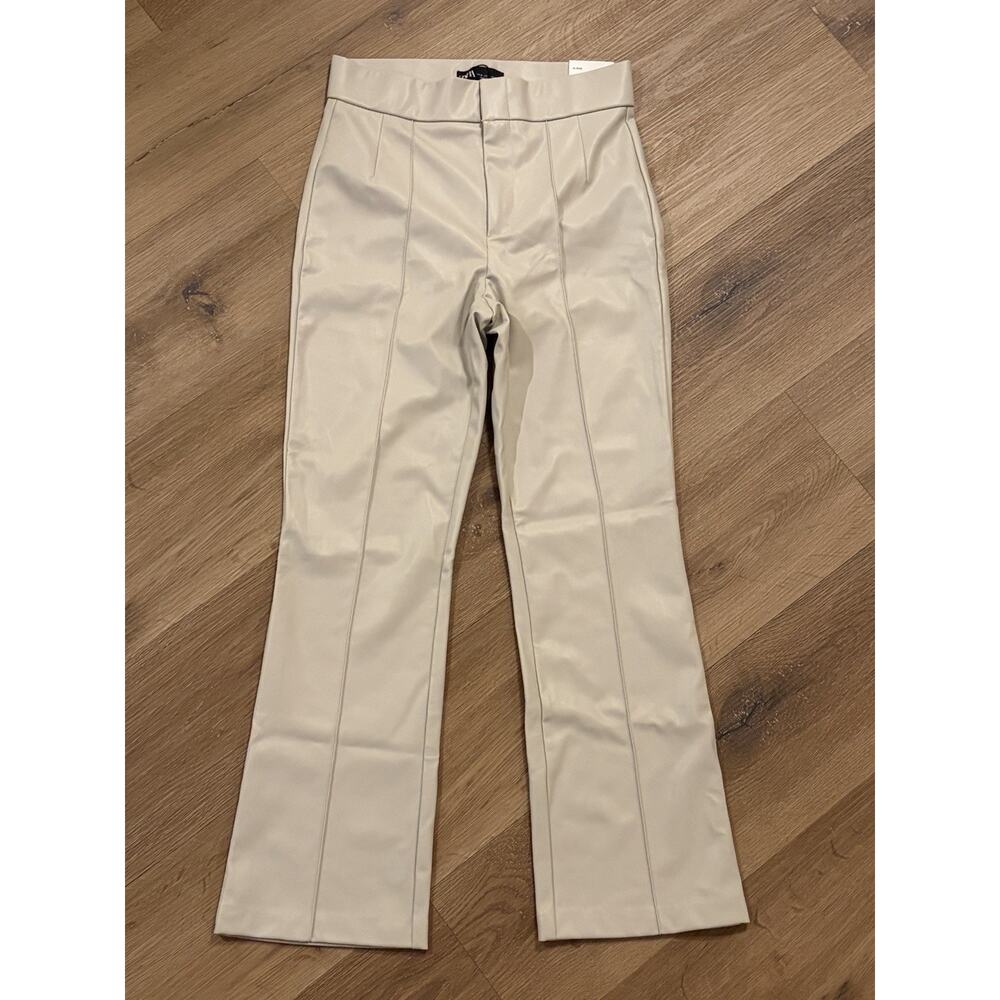ZARA High Rise Faux Leather Leggings Women’s Small S Straight Leg Beige NWT